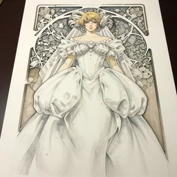 a low angle copic maker art nouveau portrait of nobara kugisaki detailed features wearing a puffy futuristic wedding dress designed by balenciaga by john berkey, norman rockwell akihiko yoshida