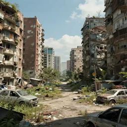 Sunny day, decaying dystopian wasteland, urban neighborhood, ghetto hyperrealism photorealistic photography hyper real resolution cinematic