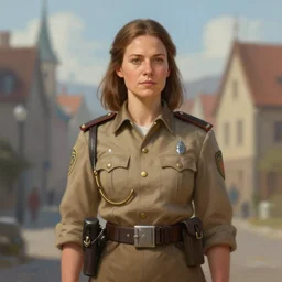 a town guard woman with shoulder length brown hair wearing light brown clothing, a character portrait by mandy jurgens, nina tryggvadottir, cgsociety, fantasy art, artstation hd, detailed painting, official art