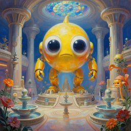 googly eyes scifi a minimalist bioluminescent oil painting by donato giancola, bulbous happy goldfish giant mecha god dinosaur temple altar, religious, spaceport shopping mall with microscopy stained glass pretty bulbous ceramic fountains, gigantic pillars and flowers, maschinen krieger, beeple, star trek, star wars, ilm, star citizen, mass effect, artstation, atmospheric perspective