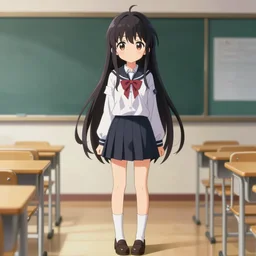 full body anime portrait of a cute android girl round eyes long hair dressed in a school uniform inside the school, stunning, highly detailed, anatomically correct
