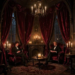 a matte painting gothic corner parlor flickering candles velvet curtains by greg rutkowski, tyler edlin