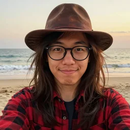 concept art, hot long brunette messy hair, nerdy smirk, dark skin tone, thick glasses, average young southeast asian man, wearing a red flannel and leather fedora, selfie pose at the beach, warm atmosphere, face symmetry, symmetry, sharp, illustration, in the style of artgerm and hayao miyazaki, trending on artstation, hq, high quality, 8k
