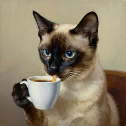 A portrait of a siamese cat with long neck drinking coffee, oil painting by Salvador Dali