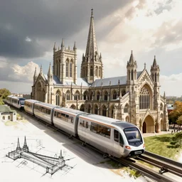a monorail train system that runs through salisbury cathedral, architectural drawing, concept art, design sketch, plans