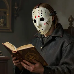 medieval Jason Voorhees reading a book painted by hieronymus bosch, detailed digital art, trending on Artstation