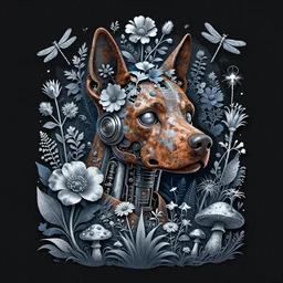 plotter art cyberpunk sci - fi poster, rusty puppy cyborg head with a lot of garden flowers, beautiful whimsical botanical illustration, silver and blue flowers, dragonfly, firefly, mushrooms, enchanted botany, dark grainy background, by android jones and greg rutkowski, digital matte painting, papercut art style