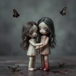 ektachrome portrait beautiful jointed wooden art doll, super dollfie, holding each other, abandoned, moths, sadness, tim walker, art by wenjun lin, ethereal, soft light, dark art, macabre, nightmares, horror, blood, harpers bazaar art