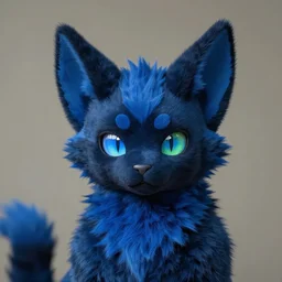 a blue - and - black male catbat fursona ( from the furry fandom ) with blue / green heterochromatic eyes and huge bat ears, photo portrait