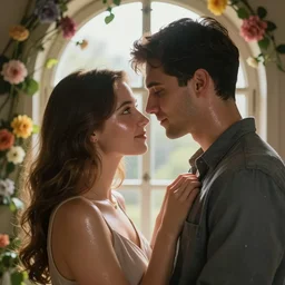 spectacular photograph in academic style of couple in love by the decorated window. beautiful lighting. flowers. clear face. subsurface scattering shiny skin. beautiful lighting, 4 k post - processing, trending in art station, cg society, highly detailed, 5 k extremely detailed, 3 d. cinematic scene. sharp image.