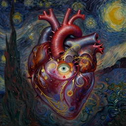 Heart of Thorns by Karol Bak, Jean Deville, Gustav Klimt, and Vincent Van Gogh, portrait of an anatomical heart, sacred heart, Surreality, otherworldly, infernal enigma, Helliquary, fractal structures, celestial, arcane, ornate gilded medieval icon, third eye, spirals, dramatic sharp thorns, rich deep moody colors