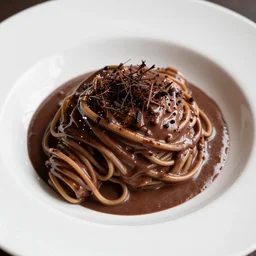 pasta in chocolate sauce, chocolate pasta, food photography, high quality, michelin star restaurant, delicious
