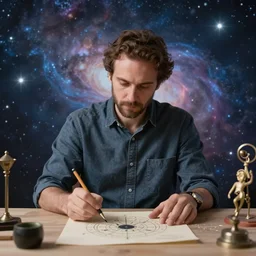 an astrologer at work, cosmic background