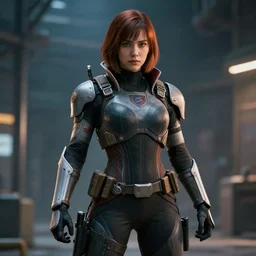 carolyne sula in combat space suite, ultra realistic photograph, cinematic lighting