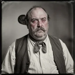 daguerreotype of a retired wild west gunslinger, obese, three day growth, balding, alcoholic, alcoholic nose, bloodshot eyes, moustache