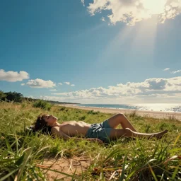 it's a sleepy summer day, with the smell of the shore and water, greenery and heated earth, with the feeling of an open body and coolness only in the wind, it's the endless freedom and the blue of the huge sky that starts immediately from you, cinematic view, epic sky, detailed, concept art, low angle, high detail, warm lighting, volumetric, godrays, vivid, beautiful, trending on artstation, by jordan grimmer, huge scene, grass, art greg rutkowski