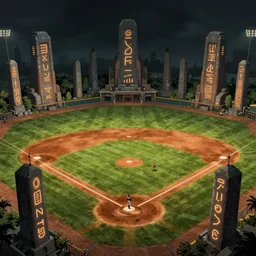 a baseball field covered in monoliths and glowing runes. highly detailed pulp sci - fi illustration art. rich colors, high contrast, gloomy atmosphere, dark background.