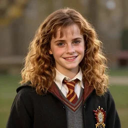 Painting of Emma Watson as Hermione Granger. Prisoner of Azkaban. Cheerful. Happy. Art by william adolphe bouguereau. During golden hour. Extremely detailed. Beautiful. 4K. Award winning.