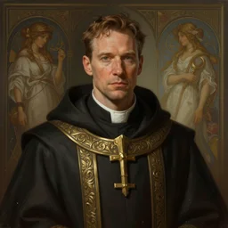 portrait of gordon freeman dressed in clerical robes, deep focus, intricate, elegant, regal, highly detailed, digital painting, artstation, concept art, matte, sharp focus, illustration, d & d, fantasy, hearthstone, art by artgerm and greg rutkowski and alphonse mucha
