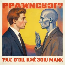 poster in the style of polish poster school showing conversation of human and artificial intelligence