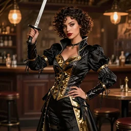 beautiful stylish female swashbuckler rogue, fencer, bold and confident, vogue fashion, short tightlycurledhair, black organza robes with gold accents, tavern background, art by rossdraws, trending on artstation