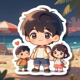die cut sticker of anime chibi kawaii cute boy and girl on beach vacation