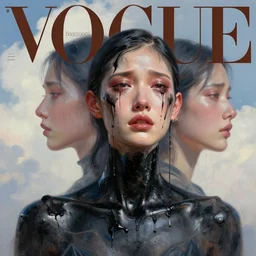 3 d, crying fashion model, liquid black oil, morning, vogue cover style, poster art, high detail, intricate oil painting, multiple exposure, heaven mood, hyperrealism, 3 d, by tooth wu and wlop and beeple and greg rutkowski