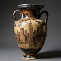 a beautiful, ancient, greek amphora container, museum item, with drawings of new york's skyline
