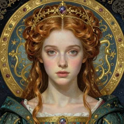 beautiful young medieval queen by chie yoshii, iris van herpen, jean delville, james jean, visionary, symbolist, detailed face portrait