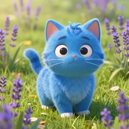 cute blue cat in grassy field with lavender growing, disney pixar movie, 3 d render, octane render, cinematic lighting