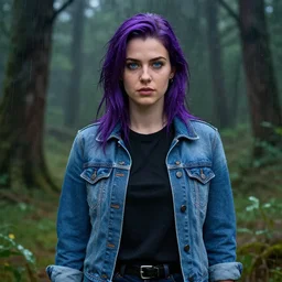 an insanely detailed realistic depiction of beautiful haley from stardew valley standing in the rainy forest wearing black shirt under blue denim jacket, purple hair, pretty blue eyes, in the style of peter mohrbacher, artgerm, dramatic lighting and composition, octane render, trending on artstation, concept art 8 k