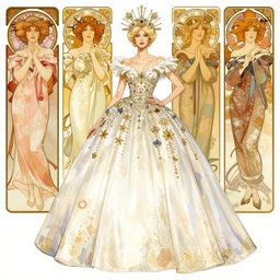 an hyper intricate fashion illustration of a blonde model wearing a heaven gaia ballgown with a headdress for mockups, full body ultra fashion model pose by vogue, excellent composition, by yoshitaka amano, by greg rutkowski, by alphonse mucha, by rhads, by ross tran, trending on artstation