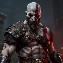 kratos portrait, bleeding, by greg rutkowski, cinematic view, great light