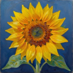 painting of a sunflower by Georgia O'Keefe, oil on canvas, stylized, colorful, loose brush strokes