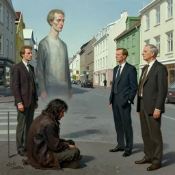 a deity meeting a poor beggar on the streets of reykjavik edward hopper and james gilleard, zdzislaw beksinski, in the style of francis bacon, surreal, norman rockwell and malcolm liepke james jean, greg hildebrandt, and mark brooks, triadic color scheme, by greg rutkowski, in the style of syd mead