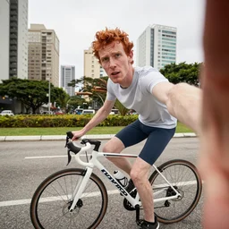 redheaded skinny man with a white bicycle on, selfie with sao paulo on the background