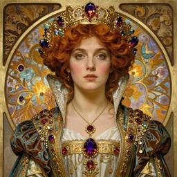 portrait, artwork by james jean, hyperdetailed, realistic, beautiful medieval queen, jean delville, art nouveau, alexandrite, symbolist, visionary, alphonse mucha