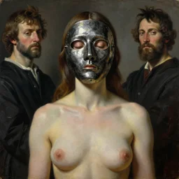 The waist-high portrait of beautiful woman with closed eyes in steel full-face occult mask by Ilya Repin, William Blake, Michelangelo da Caravaggio and Beksinski, grisaille, highly detailed oil painting, 4k, masterpiece