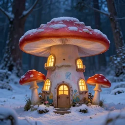 toadstool fairy house in twilight forest snow. soft light, illuminated windows. intricate painting by ross tran, magali villeneuve, and jeremy mann.