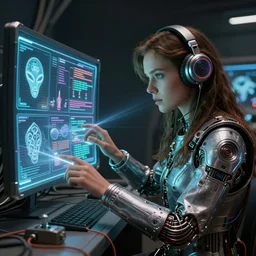 beauty young space woman inputting data with lasers in a hologram with alien artifacts, mechanical case display, loose wiring dangling, 80s Aliens tech, ultrarealistic, dramatic lighting, electrical details, high details, 4k, 8k, best, accurate, trending on artstation, artstation, photorealism, ultrarealistic, digital painting, style of Peter Mohrbacher and Boris Vallejo and Wayne barlowe