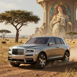 a concept suv designed by rolls royce and zaha hadid, driving through african savannah, artgerm and greg rutkowski and alphonse mucha, an epic fantasy, volumetric light, detailed, establishing shot, an epic fantasy, trending on art station, octane render, midsommar