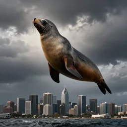 a big south american fur seal australis over the city, by tomer hanuka, john kenn mortensen, octane render, dramatic ilumination