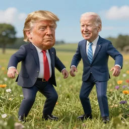 A highly detailed photorealistic full portrait of Donald Trump and Joe Biden frolicking in the field by Simon Stalenhag and Thomas Kinkaid, Octane render, trending on cgsociety, HDR, 8K I cant believe how accurate this is