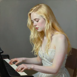 Painting of Elle Fanning playing the piano, long blonde hair, delicate, pale milky white porcelain skin, by Edward Hopper. 8K. Extremely detailed.