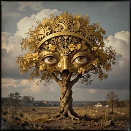 golden hour, 1 9 1 2 wwi, realistic tree made of! eyes, thick clouds behind, 3 5 mm, colorized tintype photo, dystopian environment, intricate, highly detailed, centered headdress, digital painting, artstation, concept, smooth, sharp focus, illustration, artgerm, by zdzisław beksinski