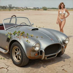 closeup of rusty shelby cobra, vine covered, desert, cracked dry lake bed, by Zdzislaw Beksinski, Norman Rockwell, pinup, highly detailed, soft lighting, film grain, 8k resolution, hd, oil on canvas
