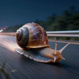 futuristic cyborg snail running at supersonic speed on a highway, highly detailed, night time