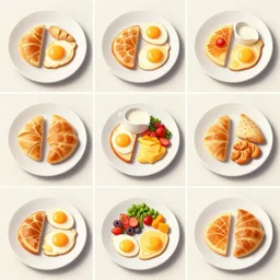 a 3 by 3 array of images featuring different plates on a table with breakfast food