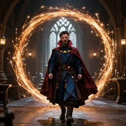 doctor strange opening a portal in hogwarts gryffindor common room, film still