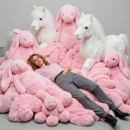 sydney sweeney lying in a heap of pink bunnies and white ponies by jenny saville and nicoletta ceccoli